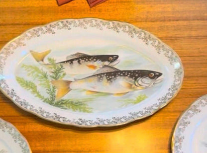 French Fish plates platter, gold edges F.D. Chauvigny Set of 12 antique fish plate set