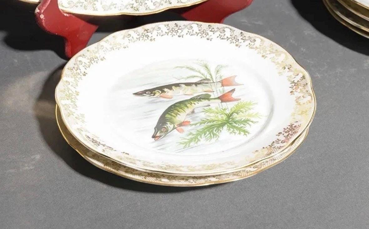 French Fish plates platter, gold edges F.D. Chauvigny Set of 12 antique fish plate set