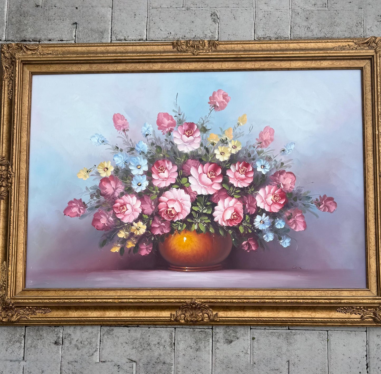 Floral oil on board gold frame signed Cox Gold gilded frame stunning piece