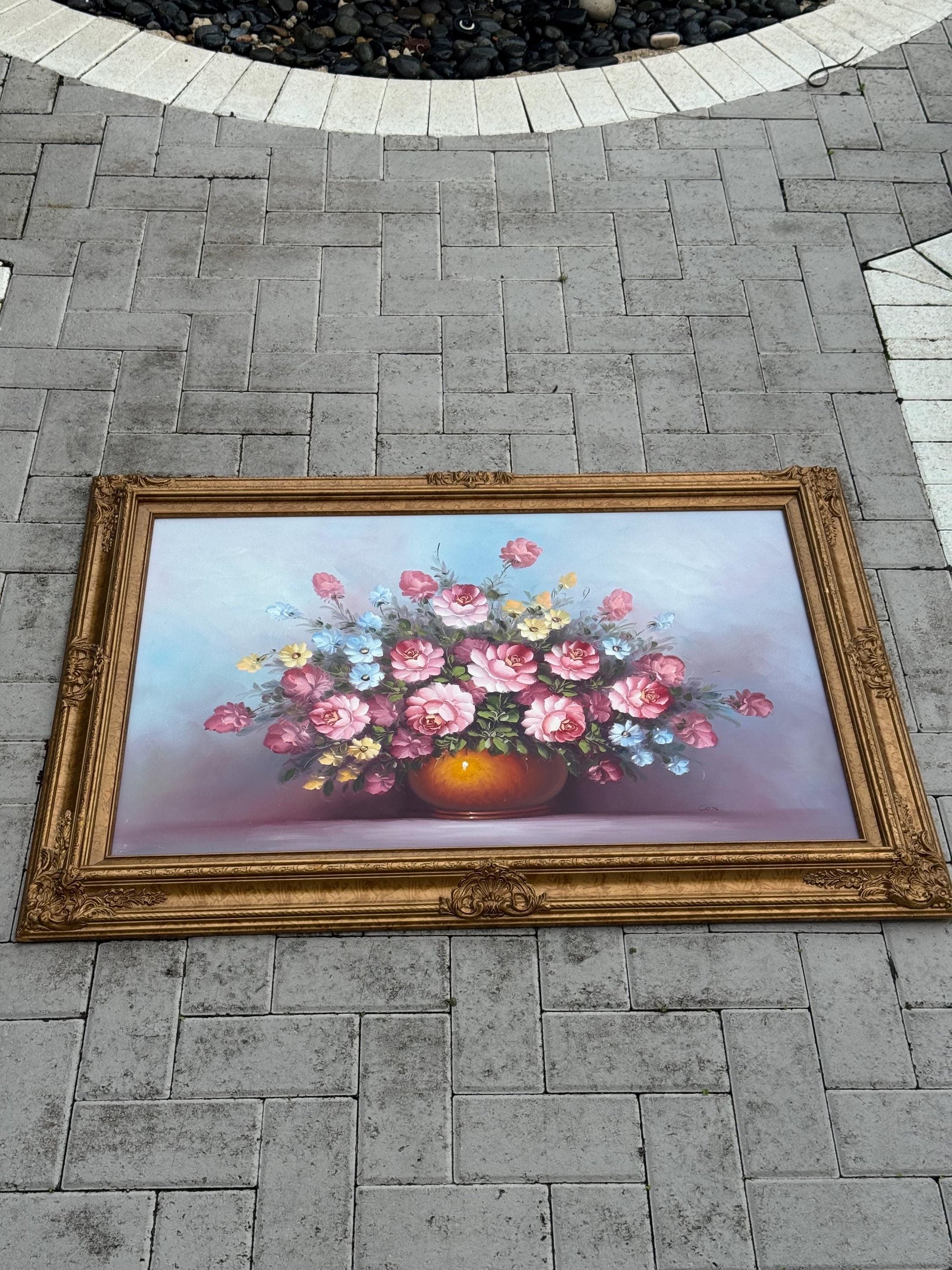 Floral oil on board gold frame signed Cox Gold gilded frame stunning piece