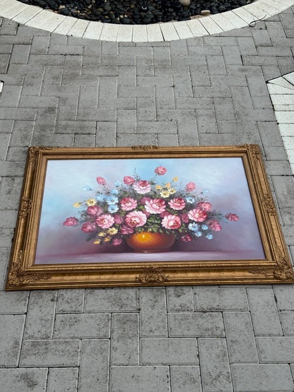 Floral oil on board gold frame signed Cox Gold gilded frame stunning piece