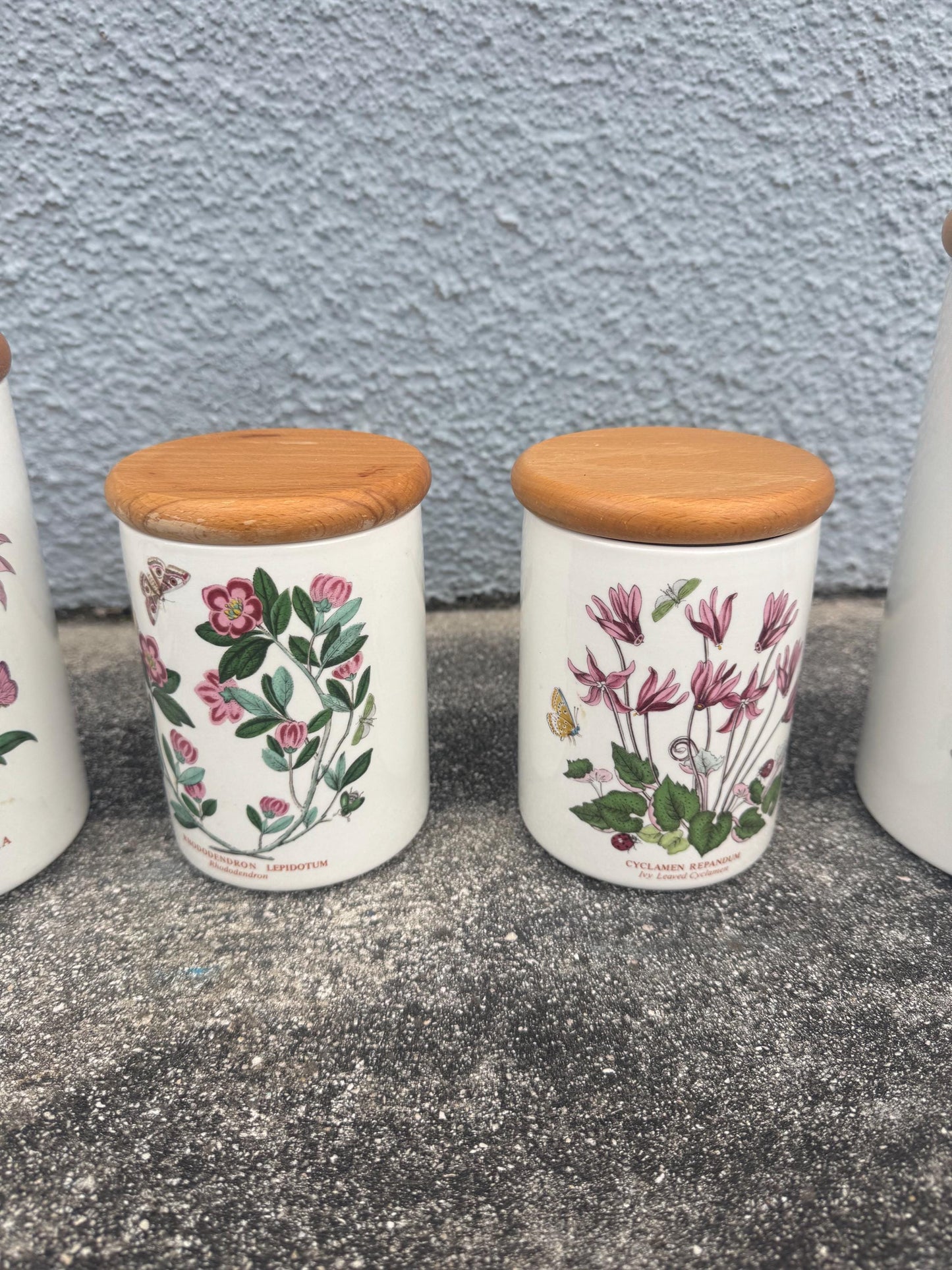 Portmeirion Floral Canister set 5 pcs set porcelain wood lids vintage floral canister set