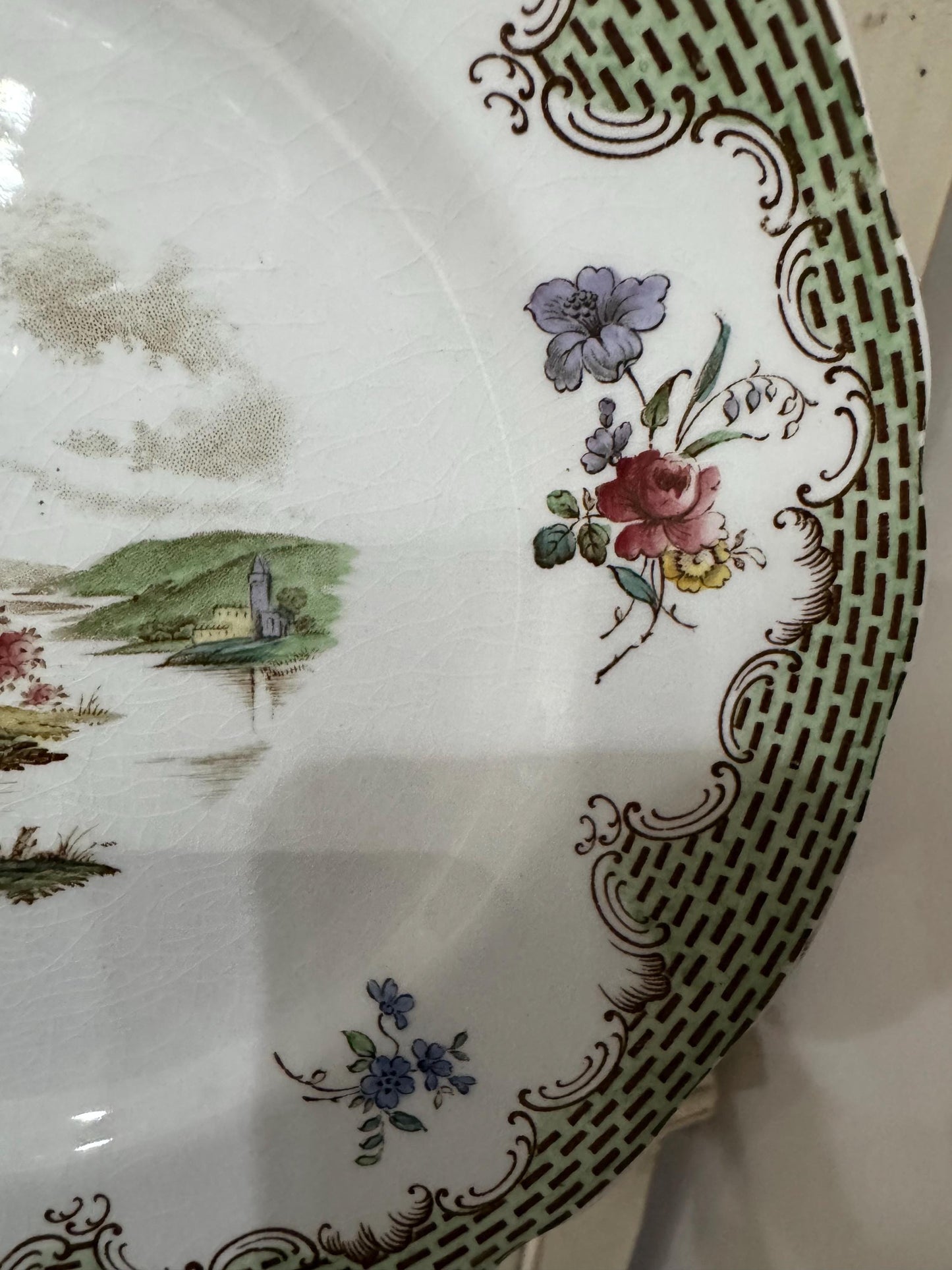 Copeland Spode Antique Plate c 1835 green lattice border Hand Painted Regency Landscape Antique Spode