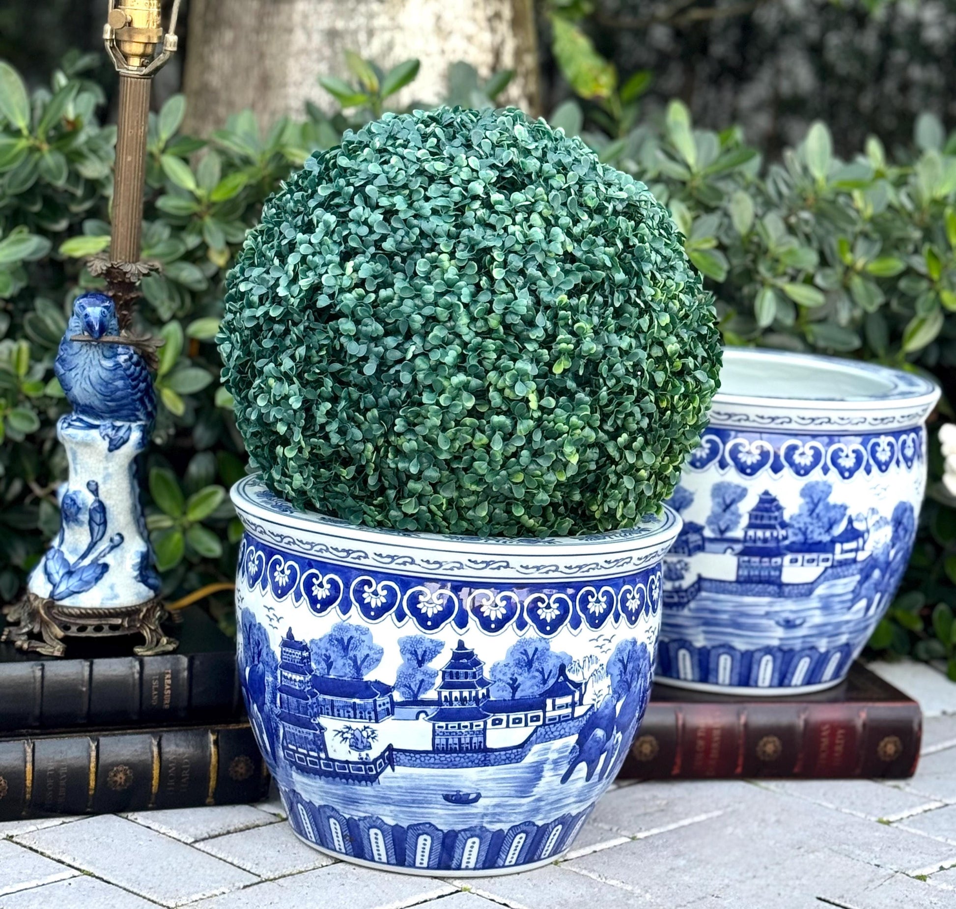 blue white pagoda cache pot planters
