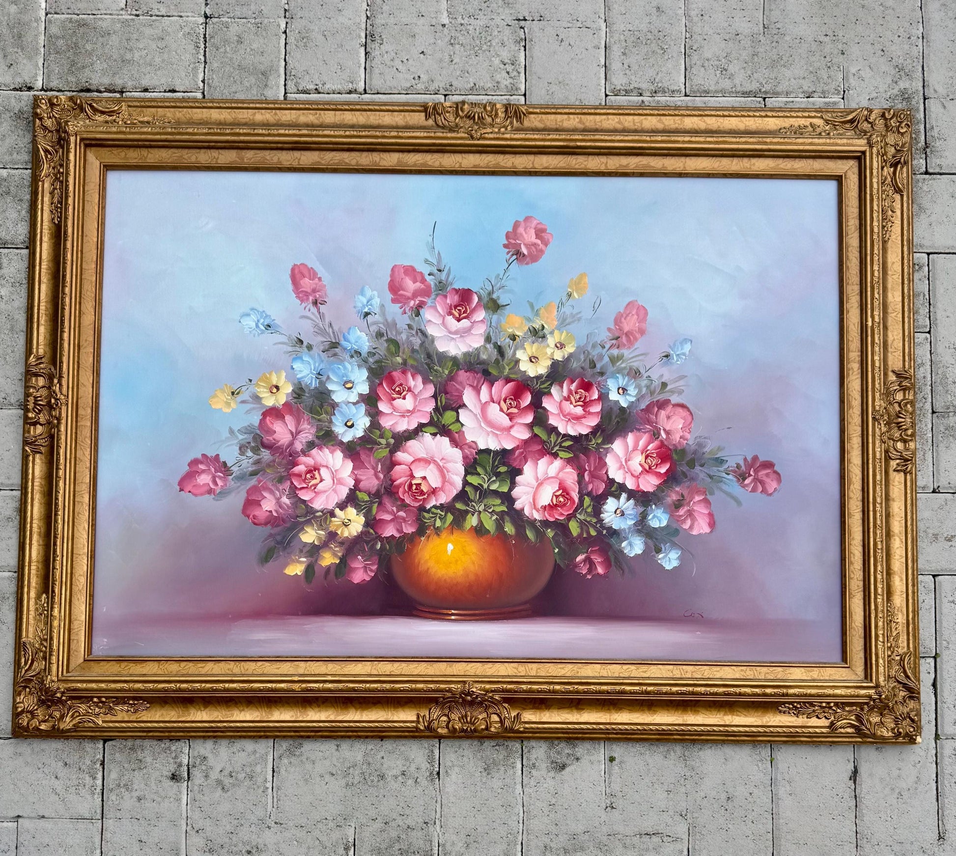 Floral oil on board gold frame signed Cox Gold gilded frame stunning piece