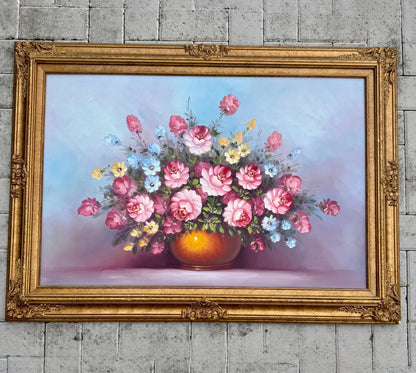 Floral oil on board gold frame signed Cox Gold gilded frame stunning piece