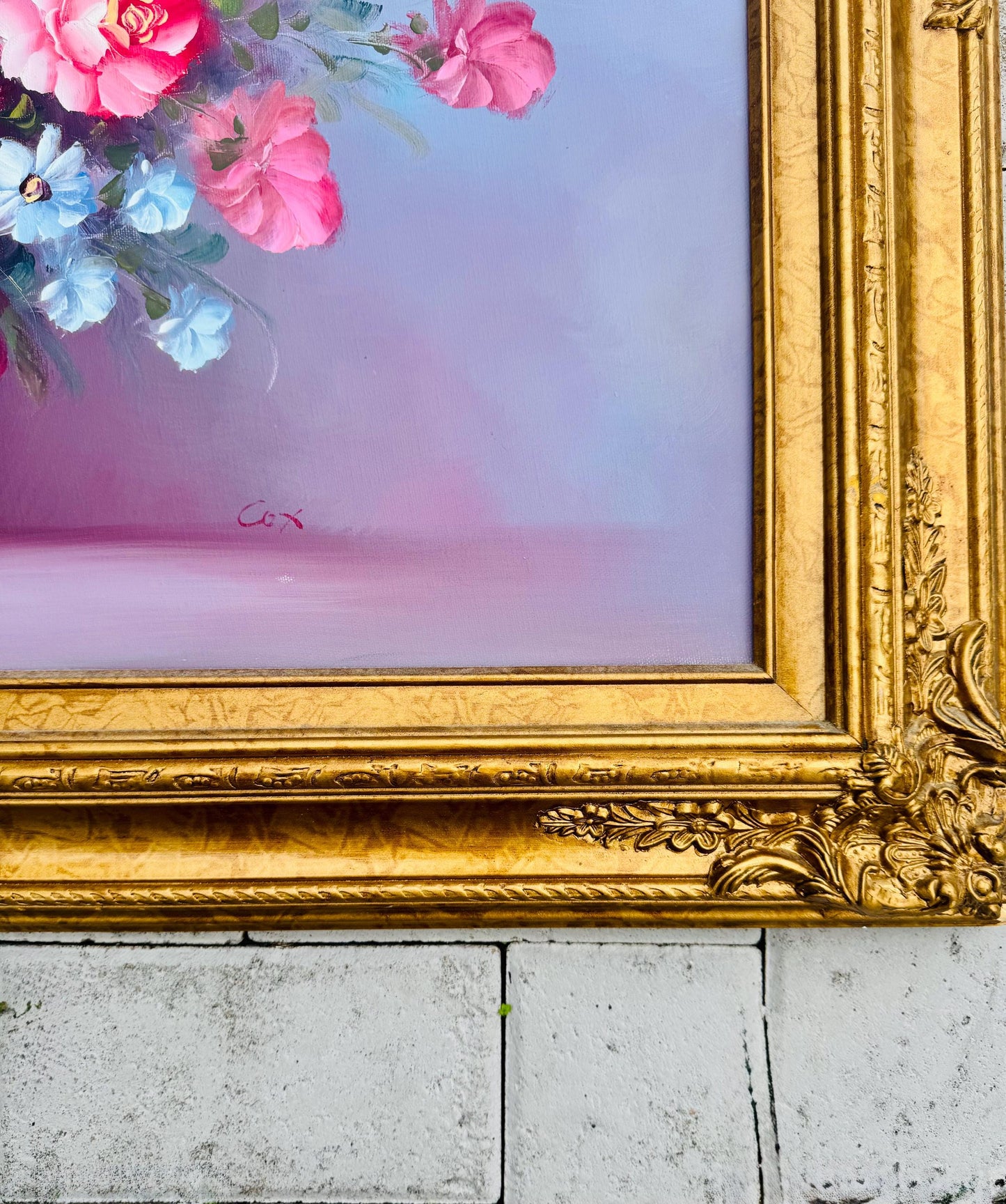 Floral oil on board gold frame signed Cox Gold gilded frame stunning piece