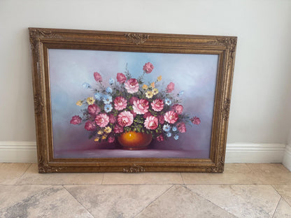 Floral oil on board gold frame signed Cox Gold gilded frame stunning piece