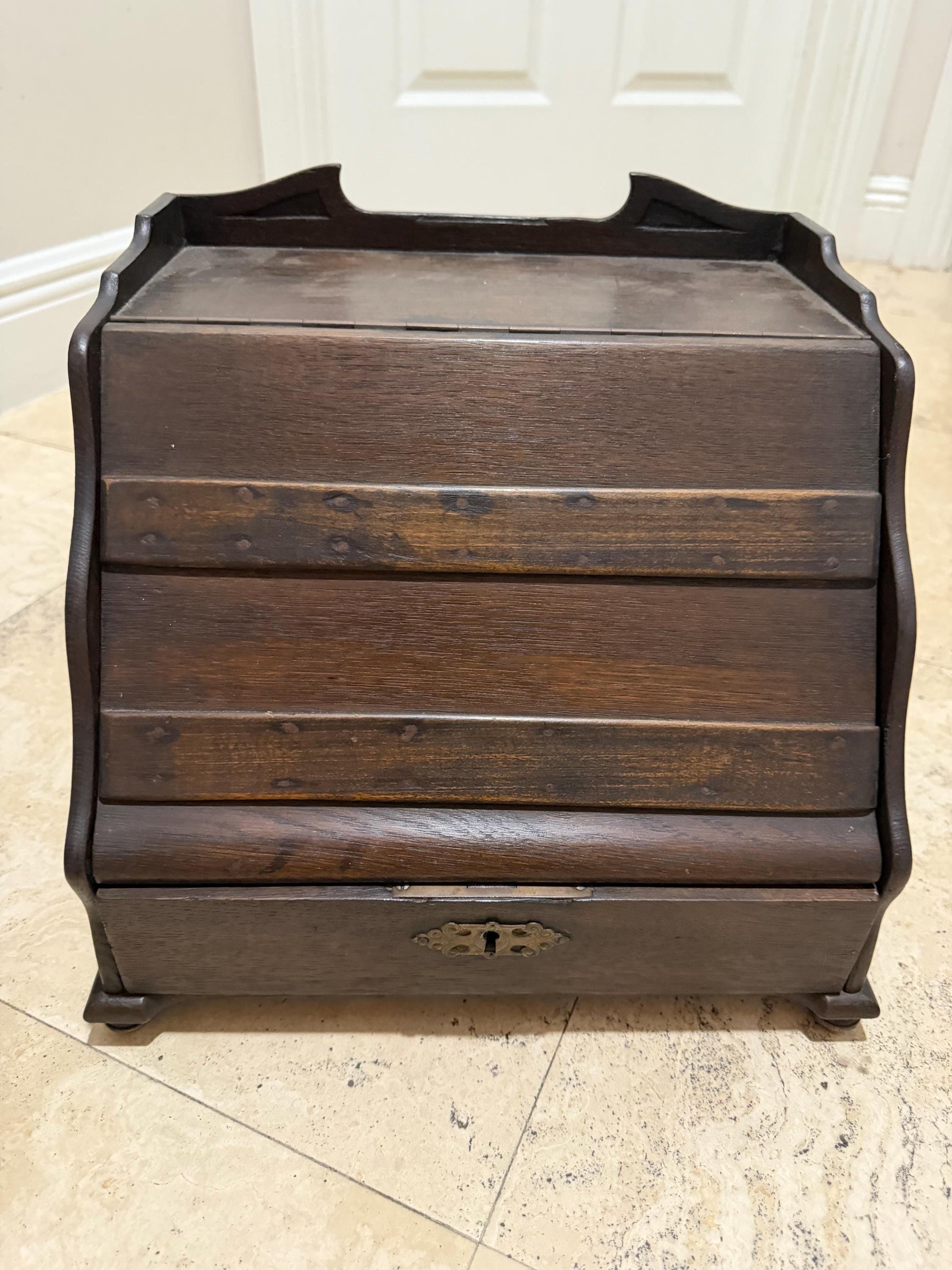 Antique Edwardian letter box Desk tambour desk with lions handles storage piece wood with lid and drawer