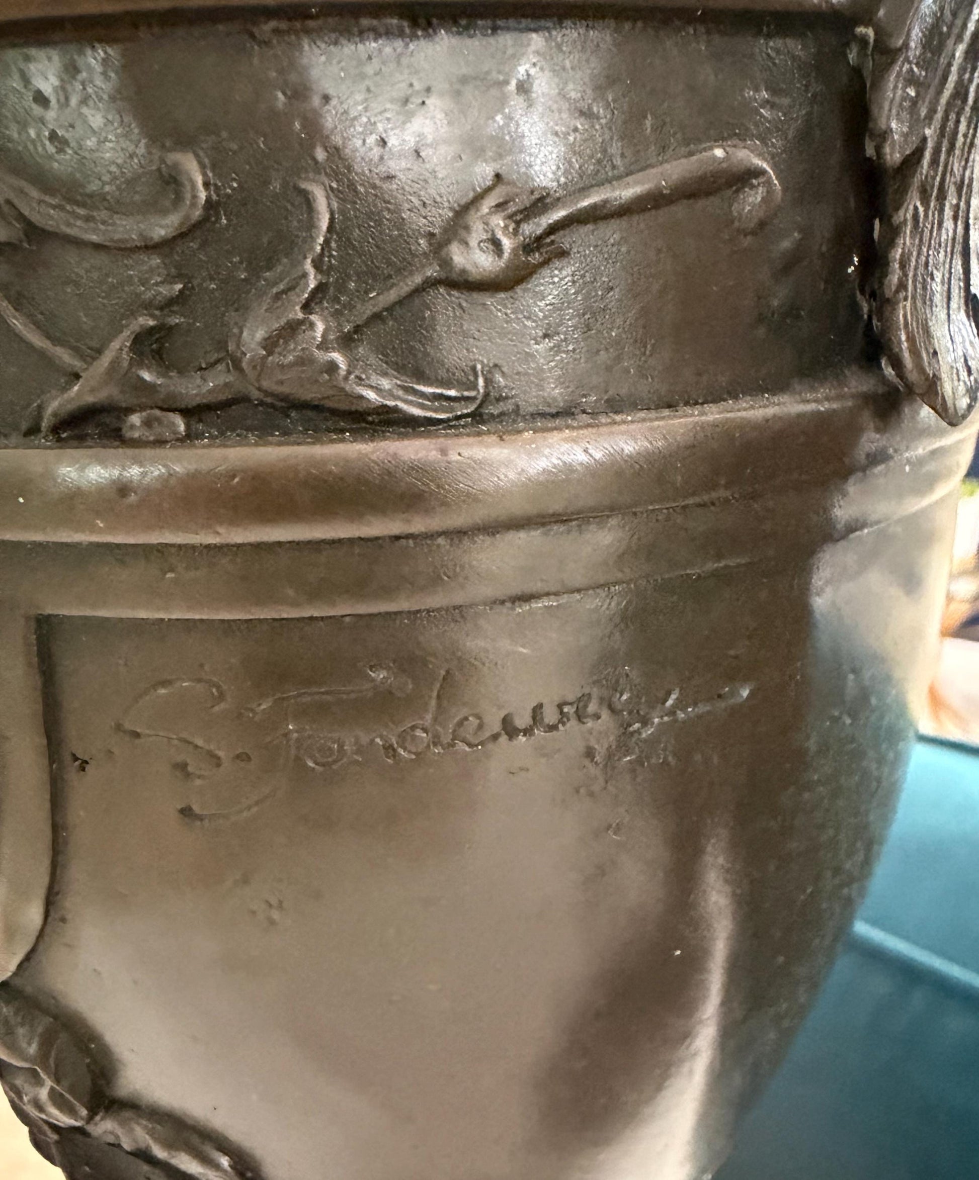 French Bronze urn Amphora Cherub vase Signed S Fontura Figural Bronze figure