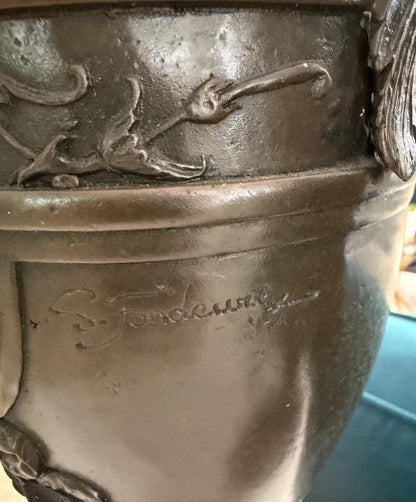 French Bronze urn Amphora Cherub vase Signed S Fontura Figural Bronze figure