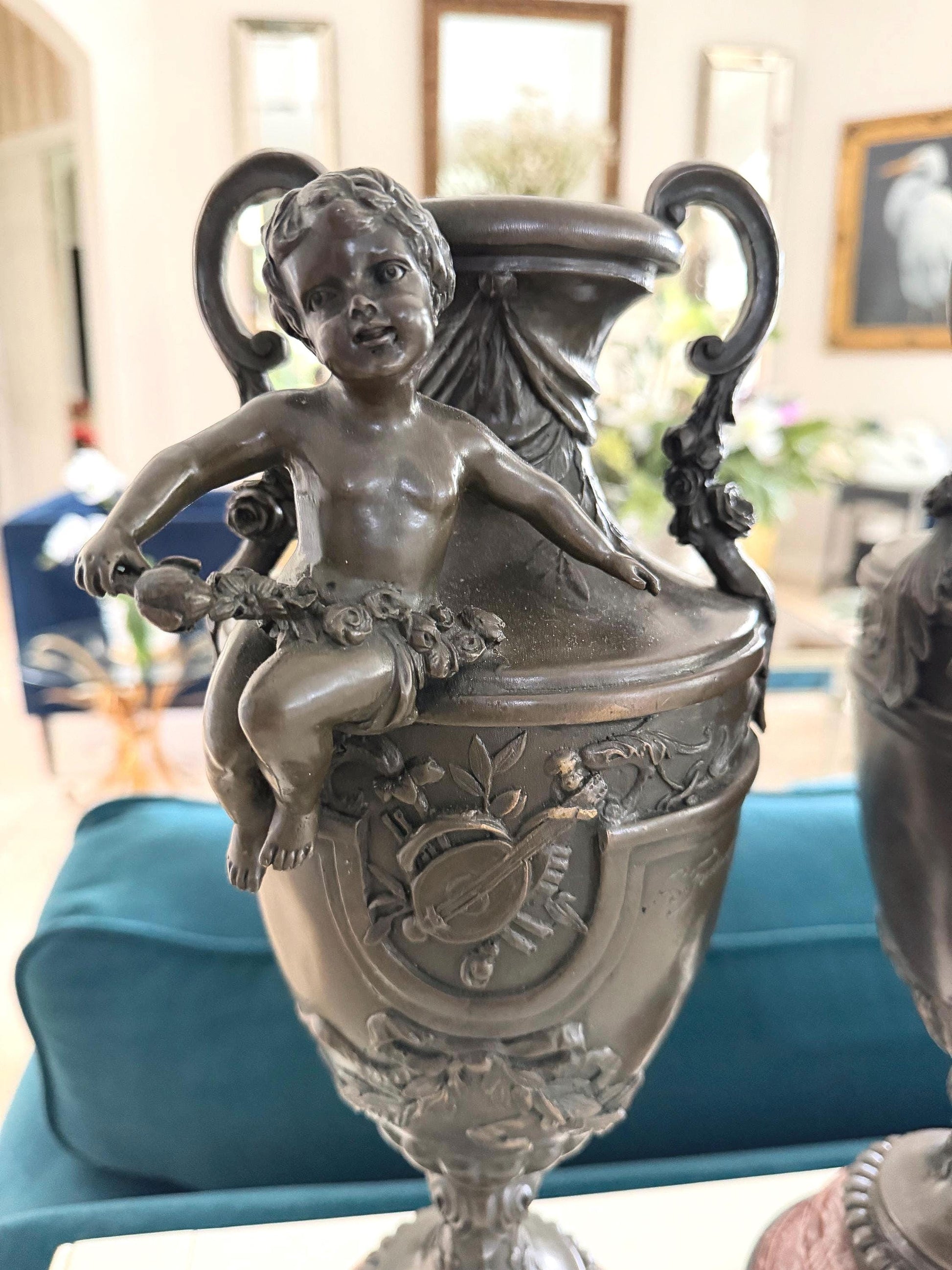 French Bronze urn Amphora Cherub vase Signed S Fontura Figural Bronze figure