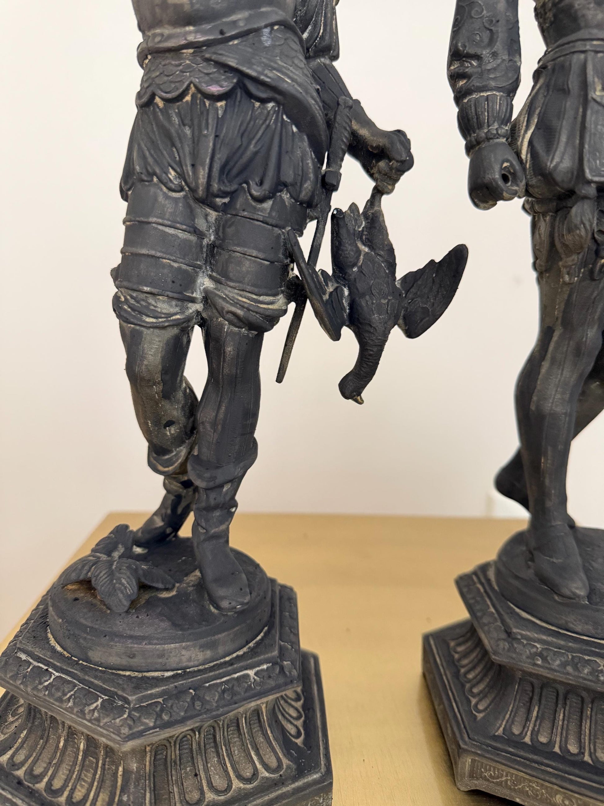 Antique Renaissance Revival Spelter Statues Pair | Grand Tour Figures with Falcon & Racket | 19th Century Style European Figurines