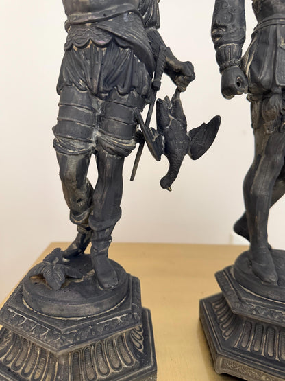 Antique Renaissance Revival Spelter Statues Pair | Grand Tour Figures with Falcon & Racket | 19th Century Style European Figurines