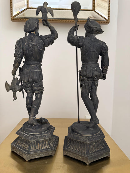 Antique Renaissance Revival Spelter Statues Pair | Grand Tour Figures with Falcon & Racket | 19th Century Style European Figurines