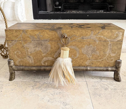 Vintage Chinoiserie Decorative Box on Stand | John Richard Style Faux Bamboo Base with Tassel | Hollywood Regency Storage Box | Palm Beach