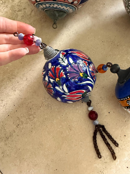 Vintage Turkish Style Hand-Painted Ceramic Hanging Ornaments Set of 4 | Kutani Style Bohemian Chinoiserie Decor | Colorful Floral Baubles
