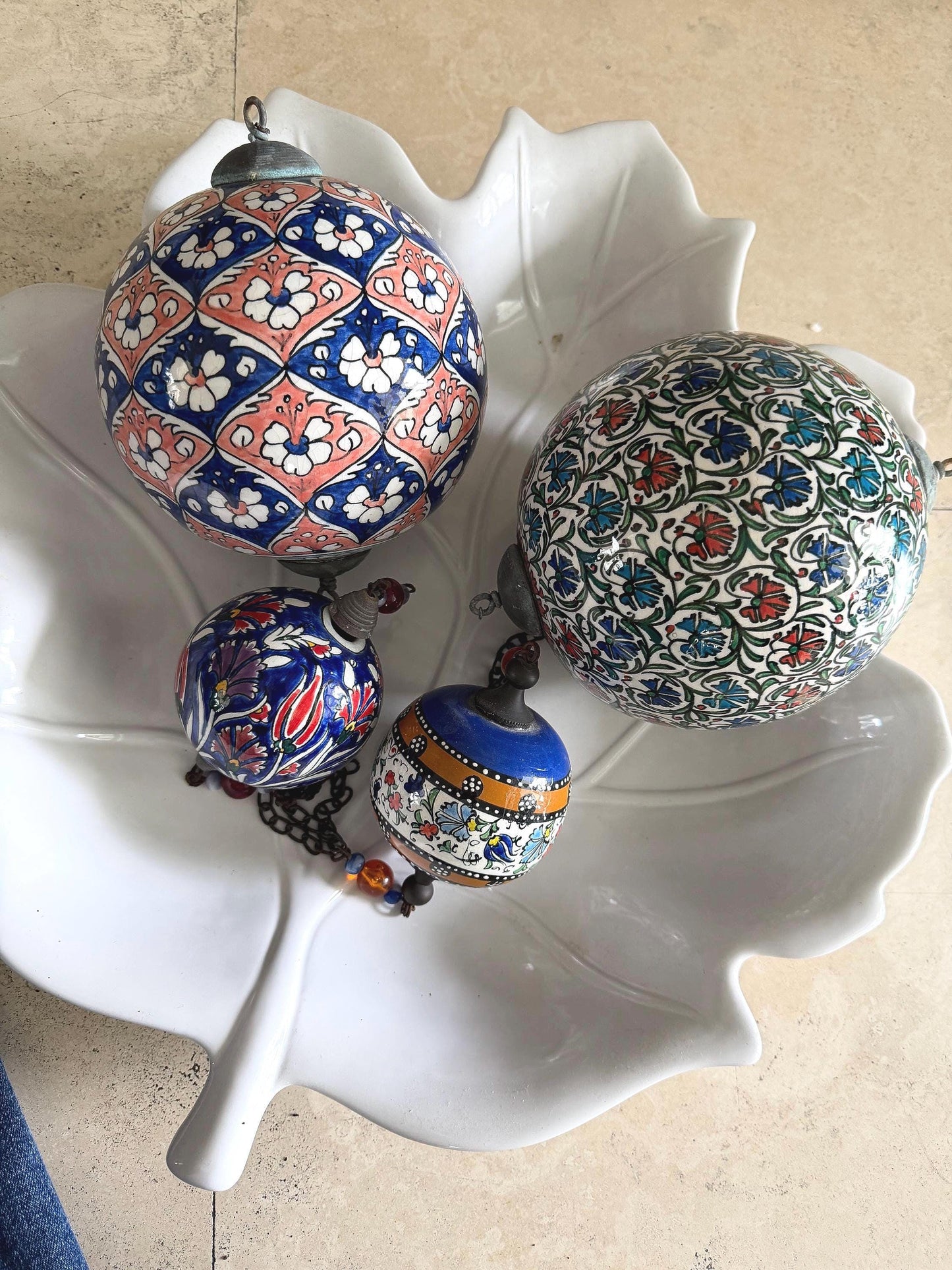 Vintage Turkish Style Hand-Painted Ceramic Hanging Ornaments Set of 4 | Kutani Style Bohemian Chinoiserie Decor | Colorful Floral Baubles