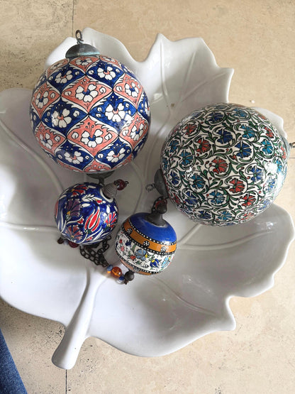 Vintage Turkish Style Hand-Painted Ceramic Hanging Ornaments Set of 4 | Kutani Style Bohemian Chinoiserie Decor | Colorful Floral Baubles