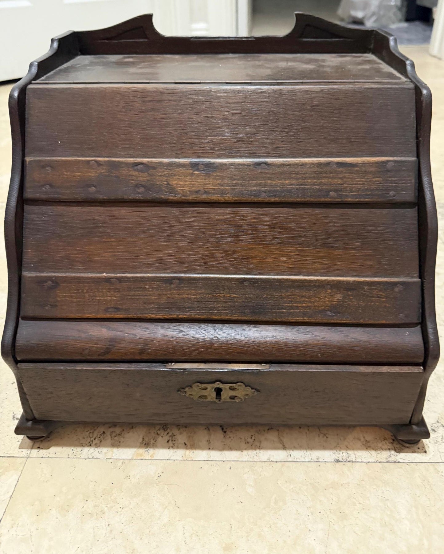Antique Edwardian letter box Desk tambour desk with lions handles storage piece wood with lid and drawer
