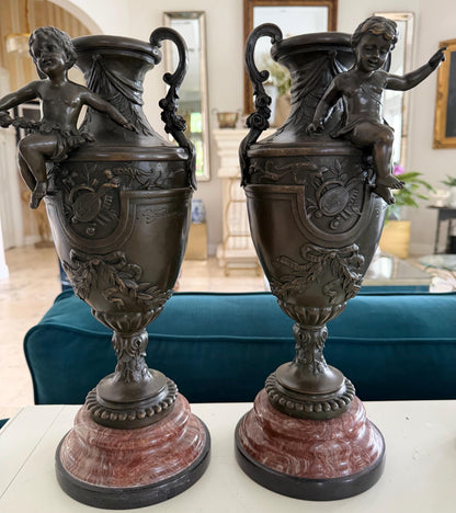 French Bronze urn Amphora Cherub vase Signed S Fontura Figural Bronze figure