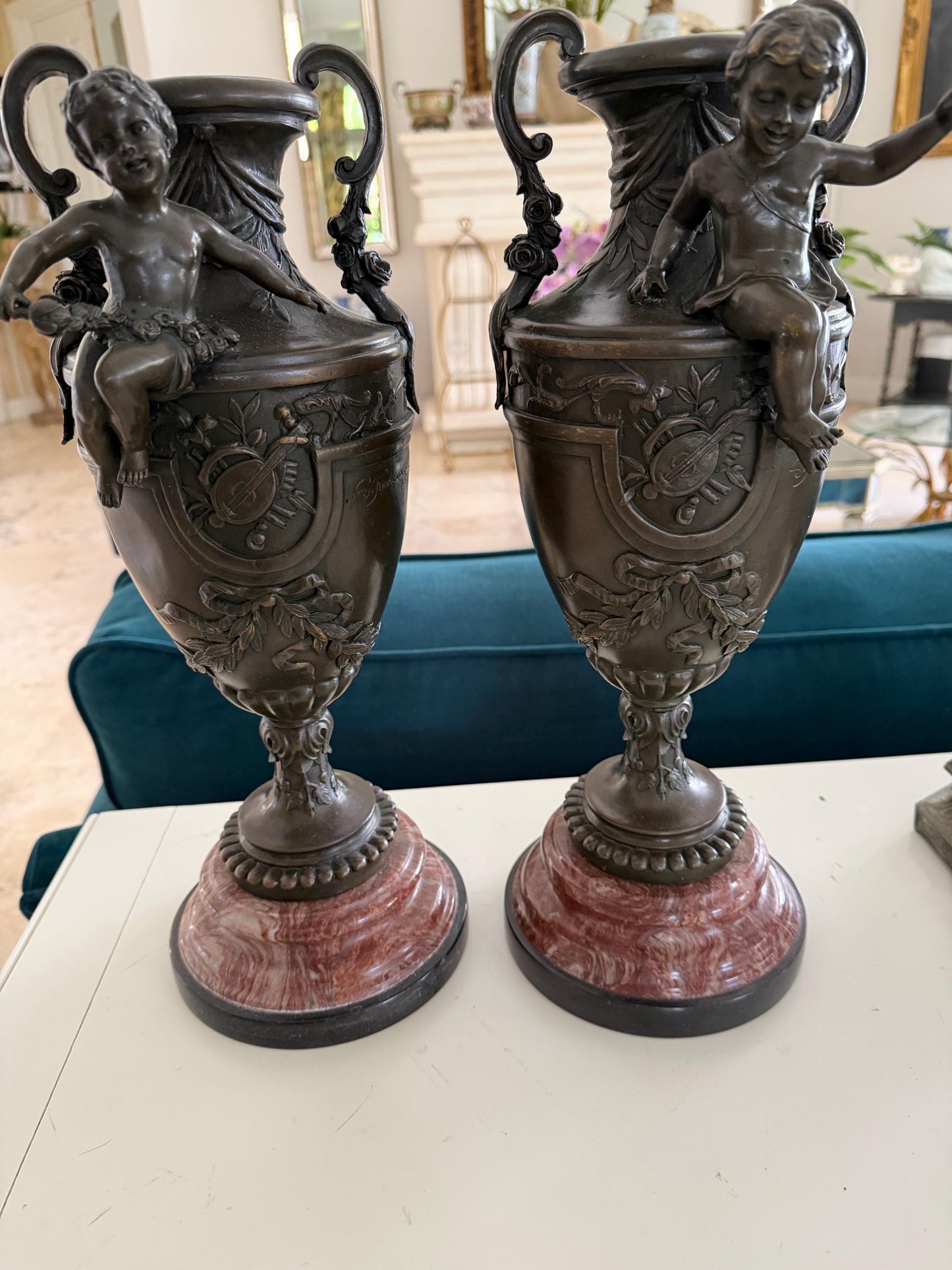 French Bronze urn Amphora Cherub vase Signed S Fontura Figural Bronze figure