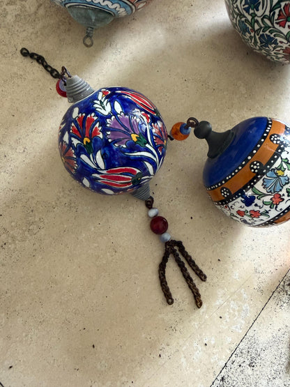Vintage Turkish Style Hand-Painted Ceramic Hanging Ornaments Set of 4 | Kutani Style Bohemian Chinoiserie Decor | Colorful Floral Baubles