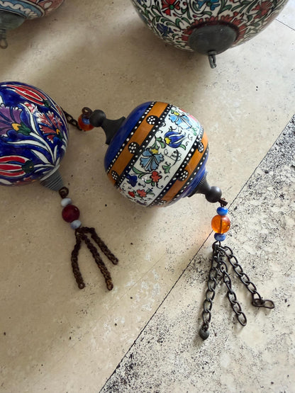 Vintage Turkish Style Hand-Painted Ceramic Hanging Ornaments Set of 4 | Kutani Style Bohemian Chinoiserie Decor | Colorful Floral Baubles