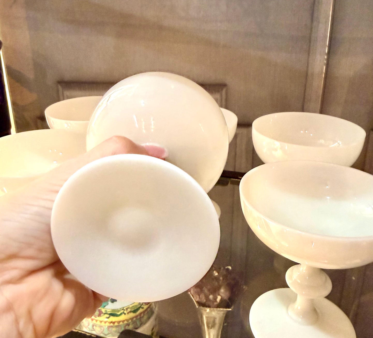 Vintage French Opaline champagne coupes Portieux Vallerysthal dessert cups wedding glasses set of 8