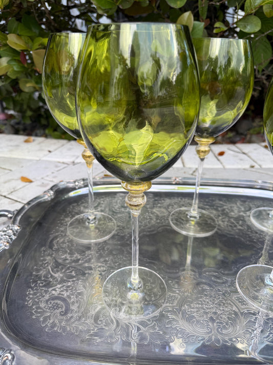 wine glasses hand blown green signed by artist with gold murano style set of 5 artist glasss vintage