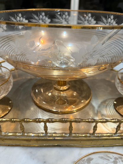 vintage glass gold edged punch bowl with ladle and 6 cups