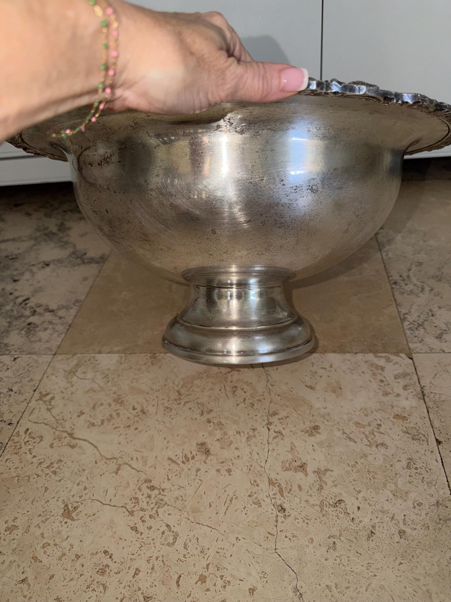 siver punch bowl serving piece grape vine trim large silver plate bowl