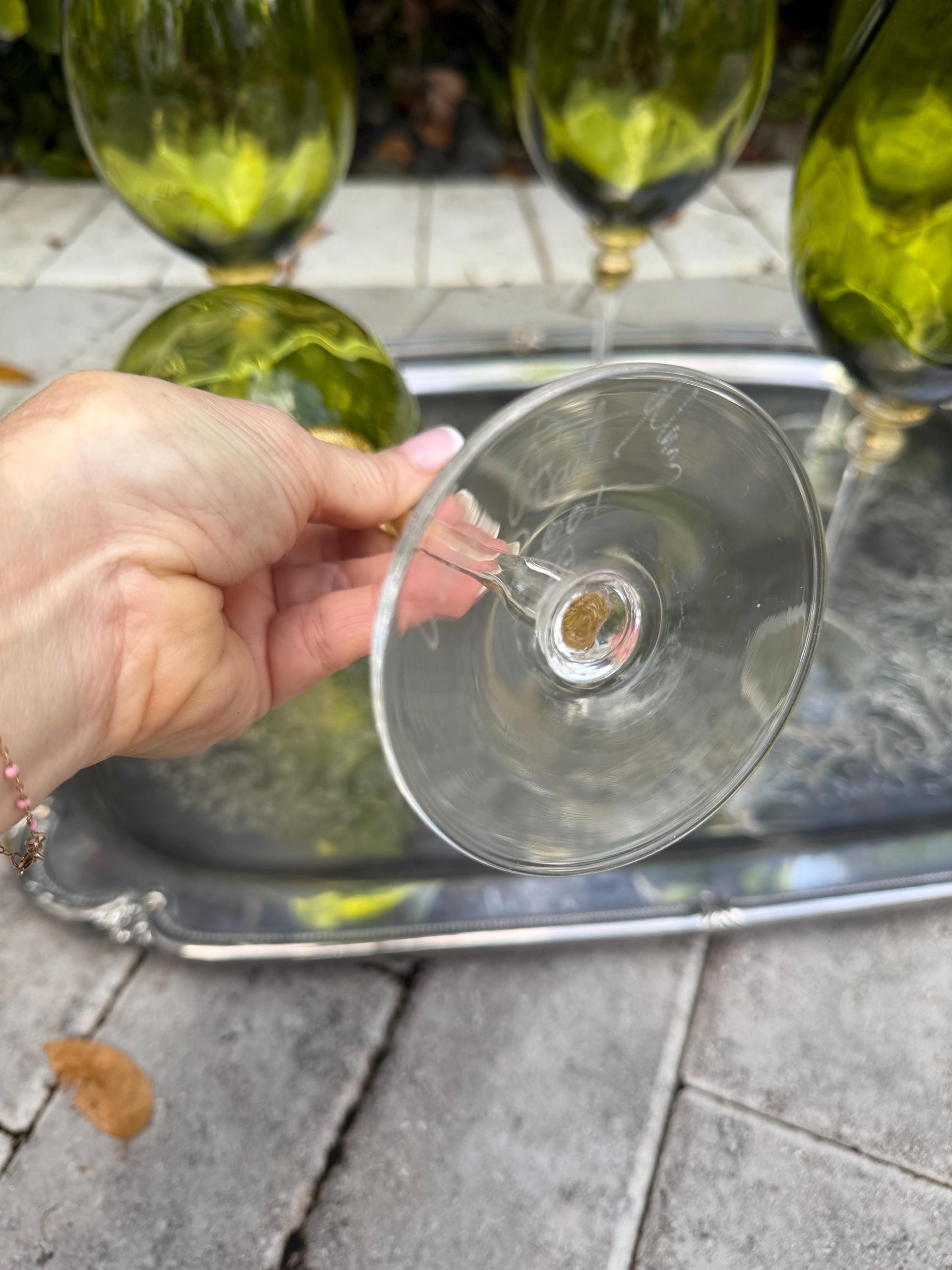 wine glasses hand blown green signed by artist with gold murano style set of 5 artist glasss vintage