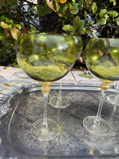 wine glasses hand blown green signed by artist with gold murano style set of 5 artist glasss vintage