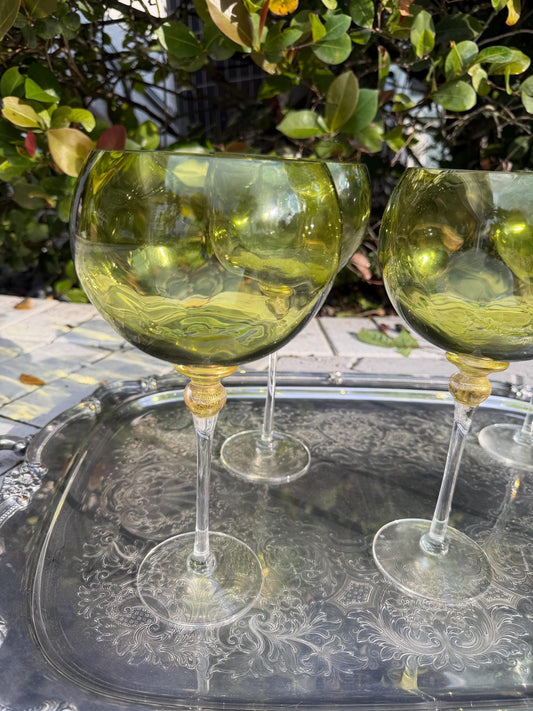 wine glasses hand blown green signed by artist with gold murano style set of 5 artist glasss vintage