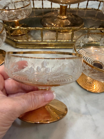 vintage glass gold edged punch bowl with ladle and 6 cups