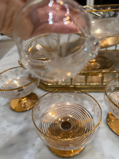 vintage glass gold edged punch bowl with ladle and 6 cups