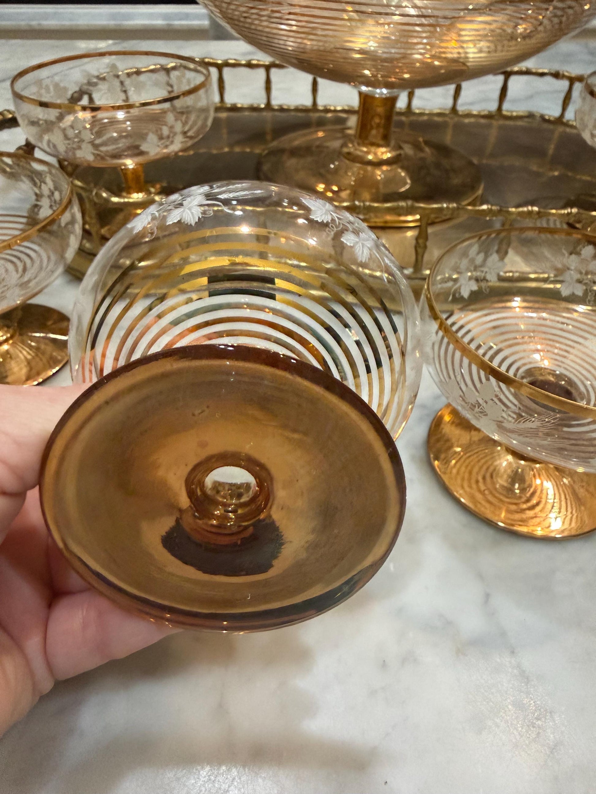 vintage glass gold edged punch bowl with ladle and 6 cups
