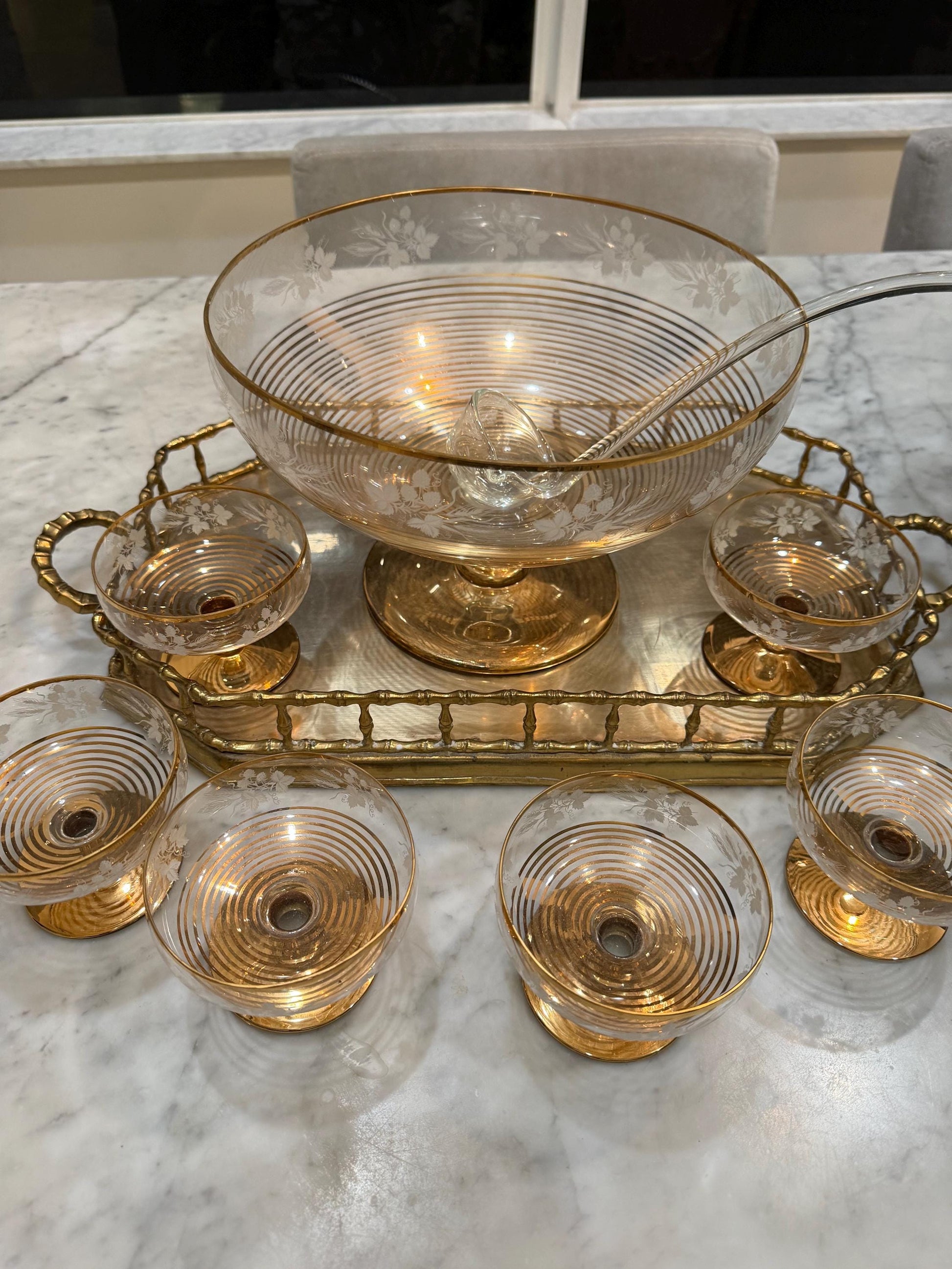 vintage glass gold edged punch bowl with ladle and 6 cups