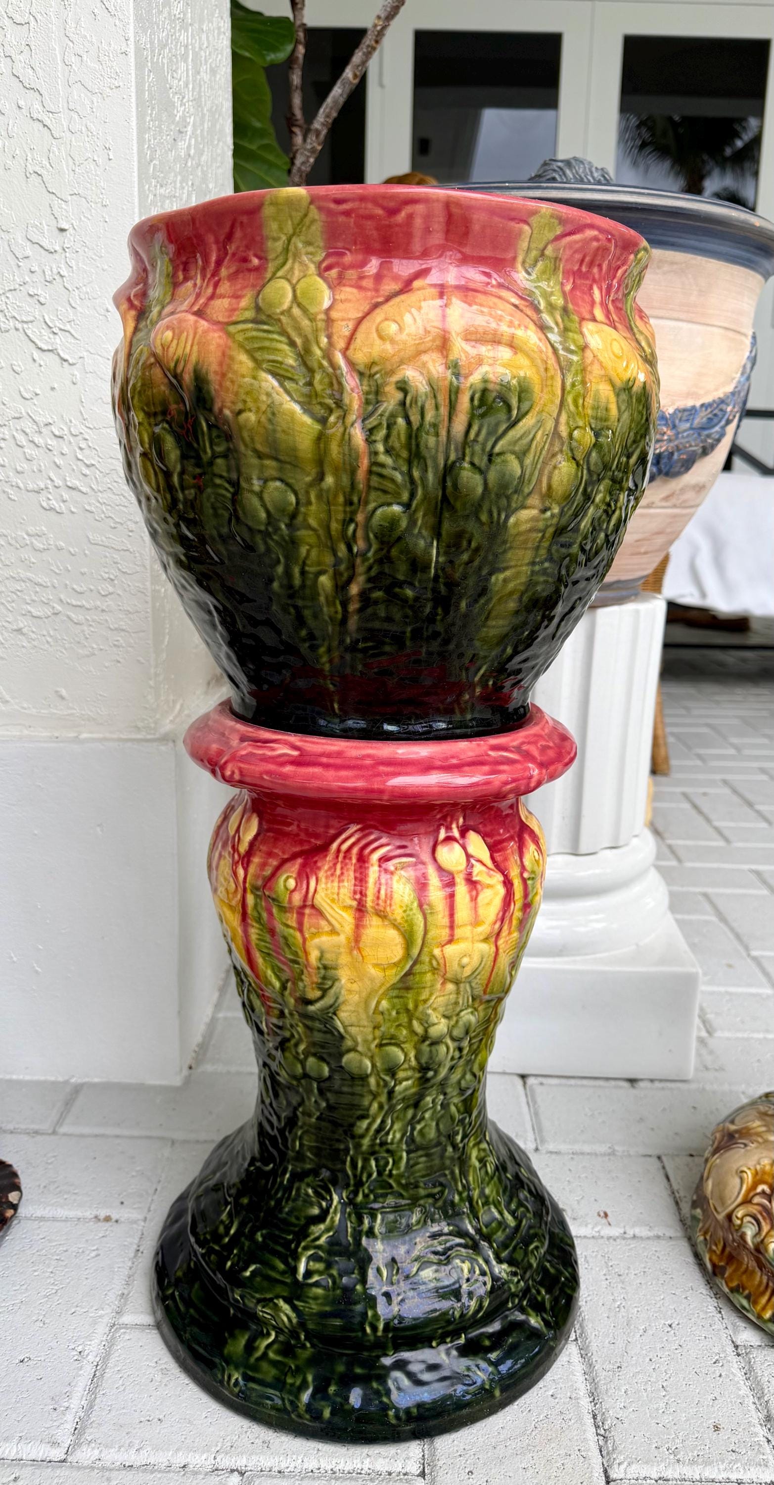 Majolica large pot and pedestal Roseville majolica pink green fish planter with stand