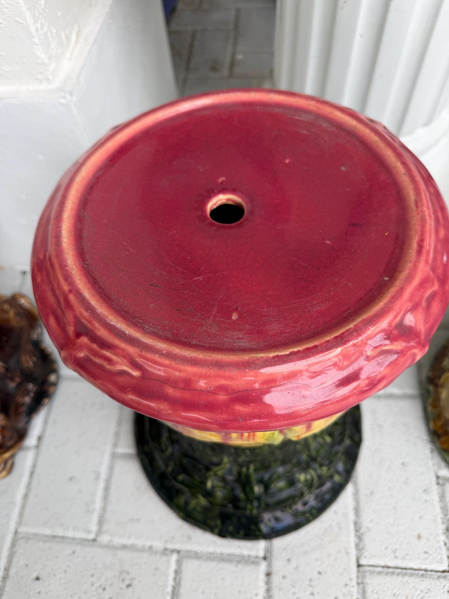 Majolica large pot and pedestal Roseville majolica pink green fish planter with stand