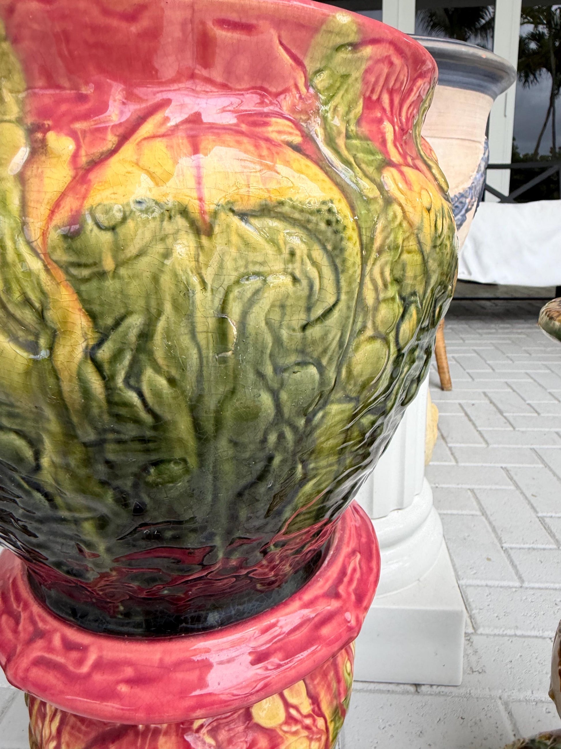 Majolica large pot and pedestal Roseville majolica pink green fish planter with stand