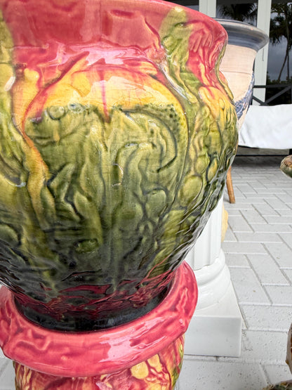 Majolica large pot and pedestal Roseville majolica pink green fish planter with stand