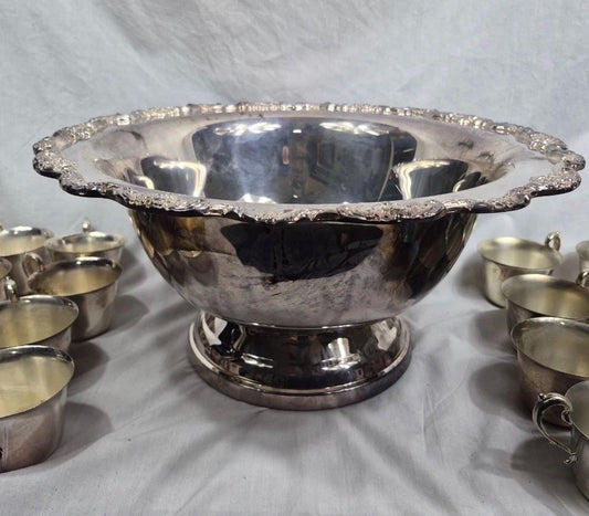 Silver punch bowl and cups silver plate punch bowl serving piece with matching cups wedding silver party service vintage silver plate