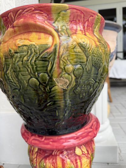 Majolica large pot and pedestal Roseville majolica pink green fish planter with stand