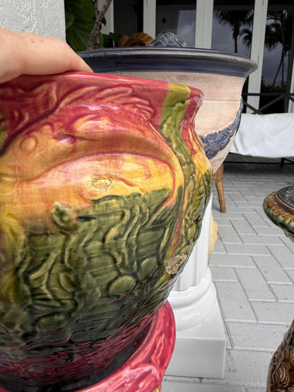 Majolica large pot and pedestal Roseville majolica pink green fish planter with stand