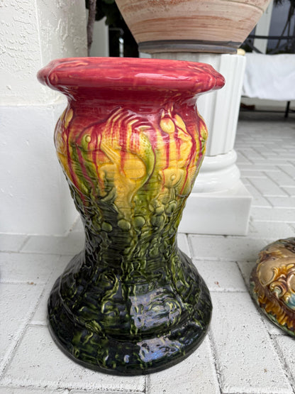 Majolica large pot and pedestal Roseville majolica pink green fish planter with stand