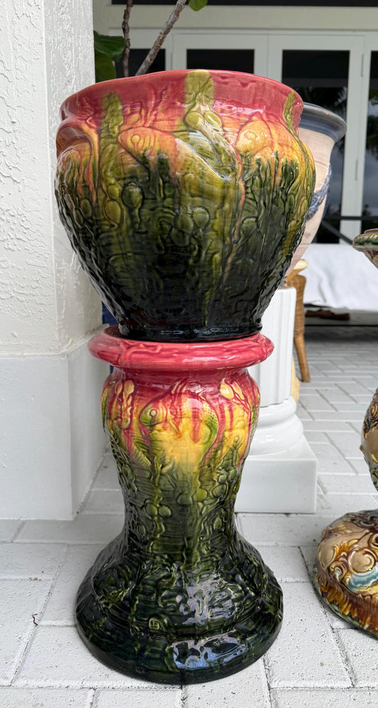 majolica Roseville pot and pedestal