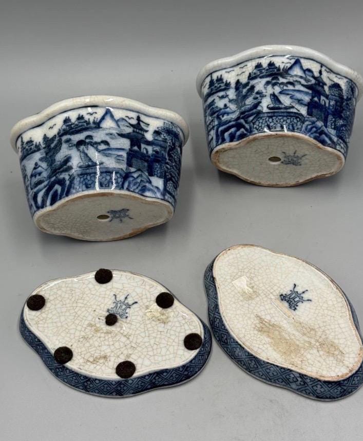 United Wilson JUWC Blue white planter with drip plate Staffordshire printed planter cache pot JUWC jardinare 2 available