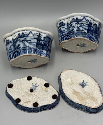 United Wilson JUWC Blue white planter with drip plate Staffordshire printed planter cache pot JUWC jardinare 2 available